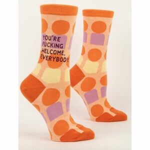 Blue Q Orange Purple Yellow Patterned Crew Socks with Text
